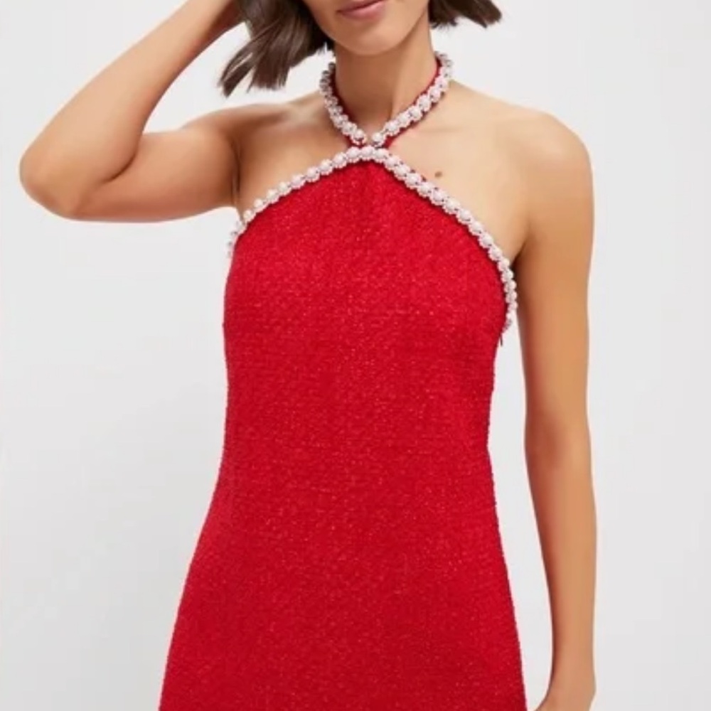 Hyacinth House Red Halter Dress. Pearl detail around neckline.
